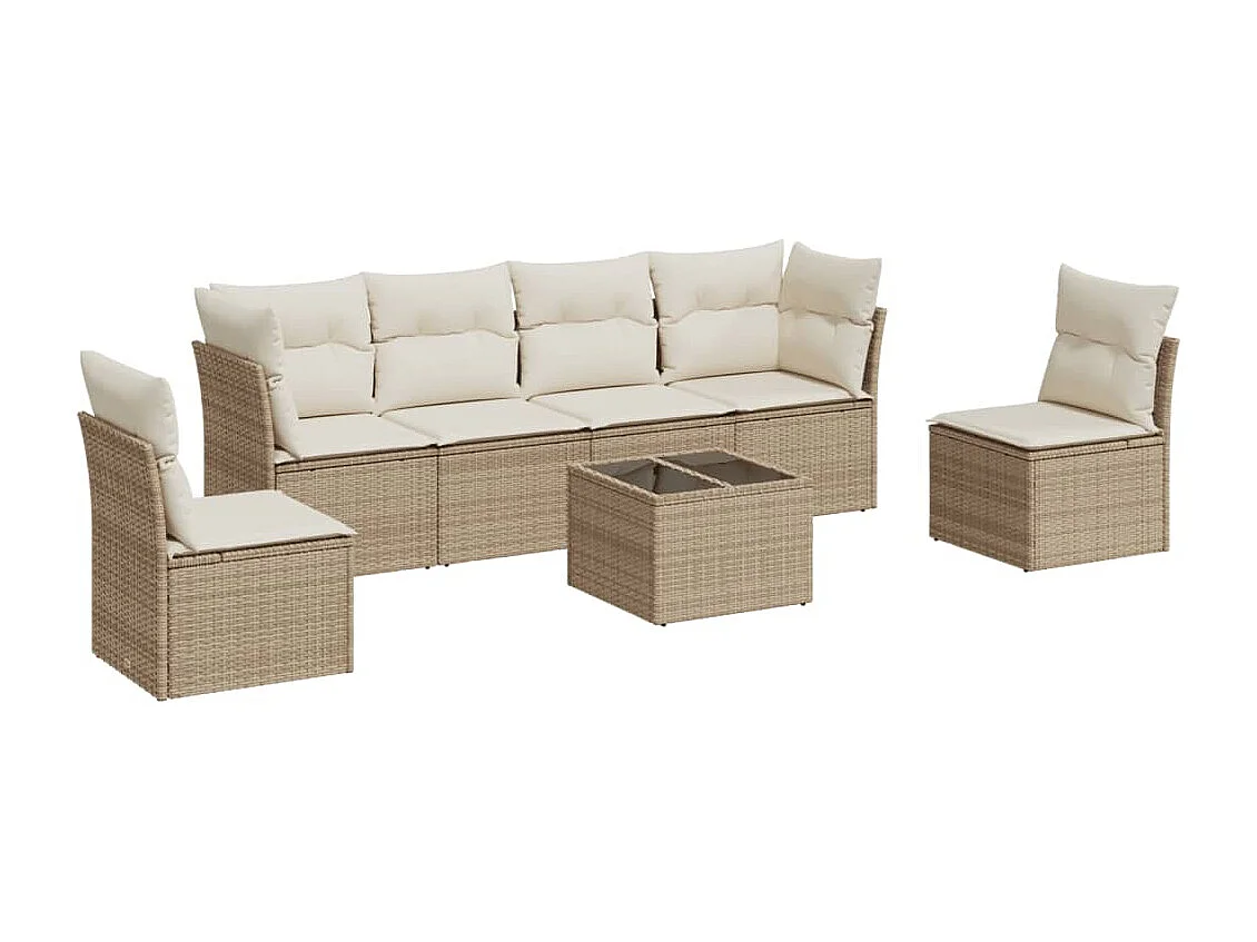 Set Divani da Giardino 7 pz con Cuscini Beige in Polyrattan