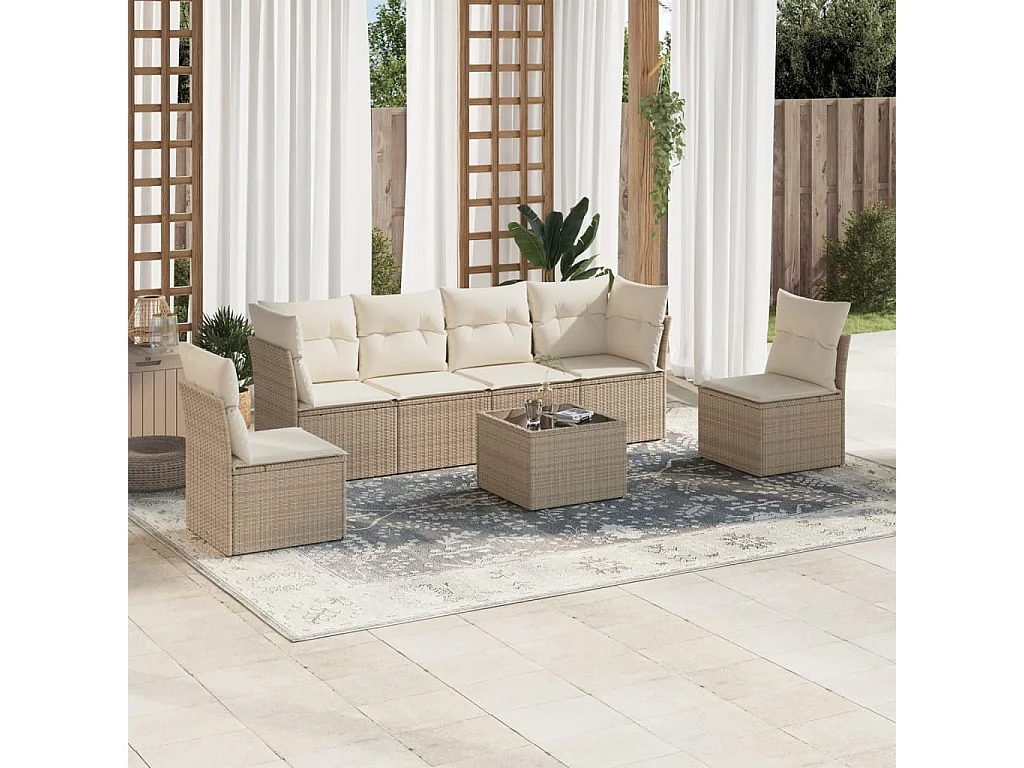 7 pcs conjunto de sofás p/ jardim com almofadões vime PE bege