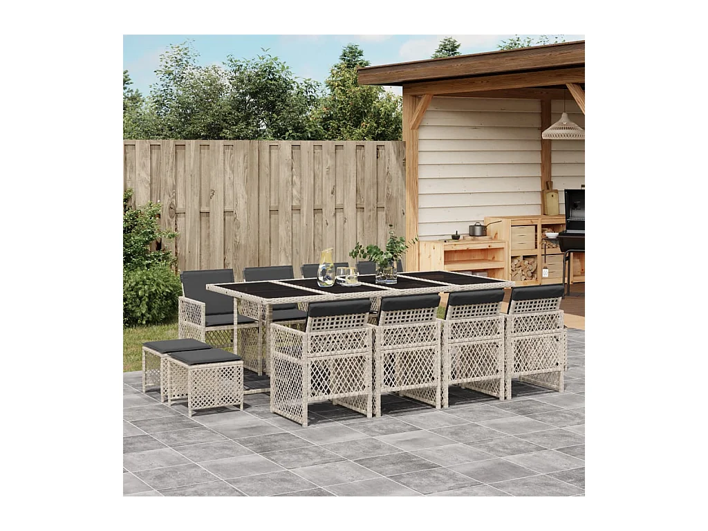 Set da Pranzo da Giardino 13pz con Cuscini Grigio in Polyrattan