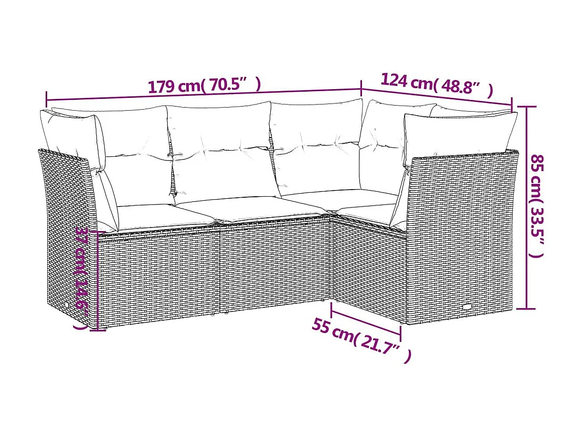 Salon de jardin 4 pcs avec coussins gris clair résine tressée