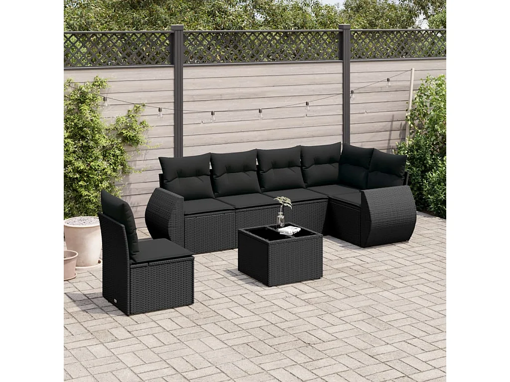 Set Divani da Giardino con Cuscini 7pz Nero Polyrattan
