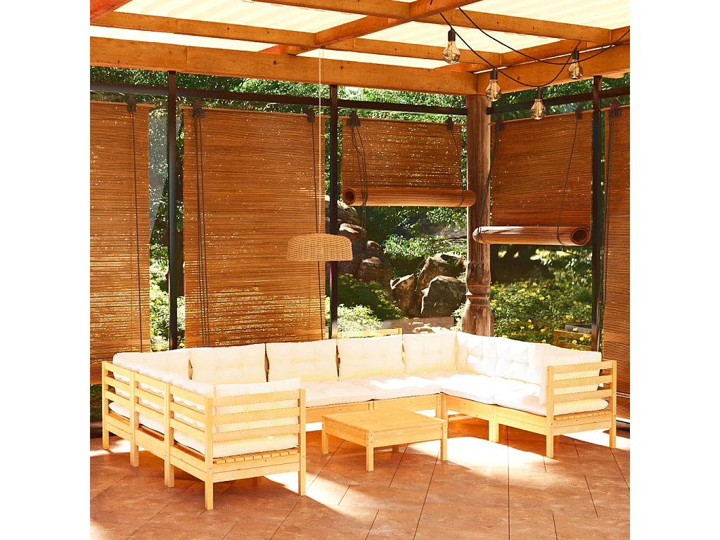 Salon de jardin 10 pcs avec coussins crème Bois de pin