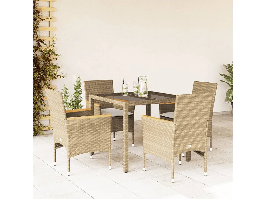 Ensemble à manger de jardin et coussins 5 pcs beige rotin verre