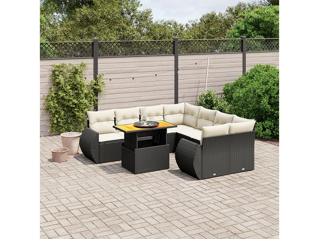 9-delige Loungeset met kussens poly rattan zwart