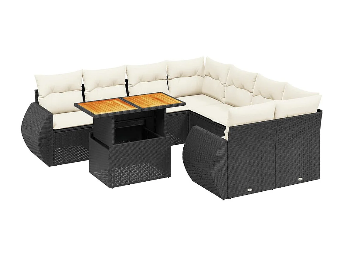 9-delige Loungeset met kussens poly rattan zwart