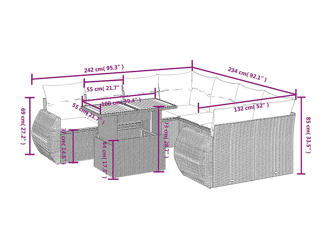 9-delige Loungeset met kussens poly rattan zwart