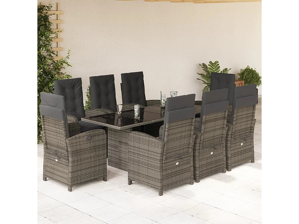 Set comedor jardín 9 pzas y cojines ratán sintético gris