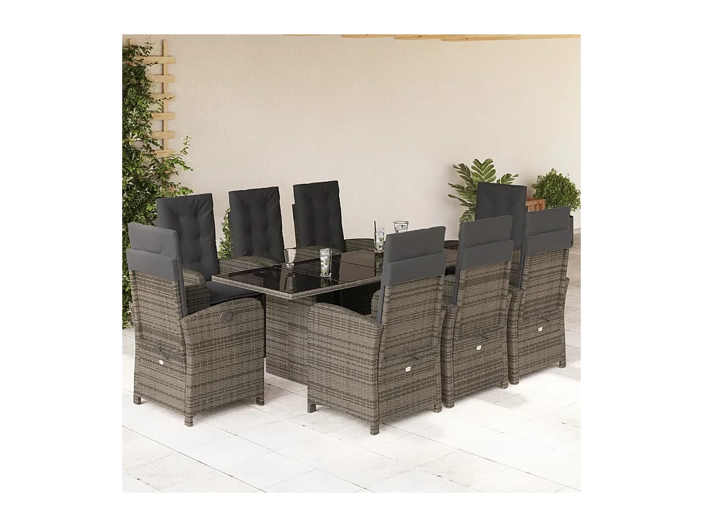 Ensemble à manger de jardin 9 pcs coussins gris résine tressée
