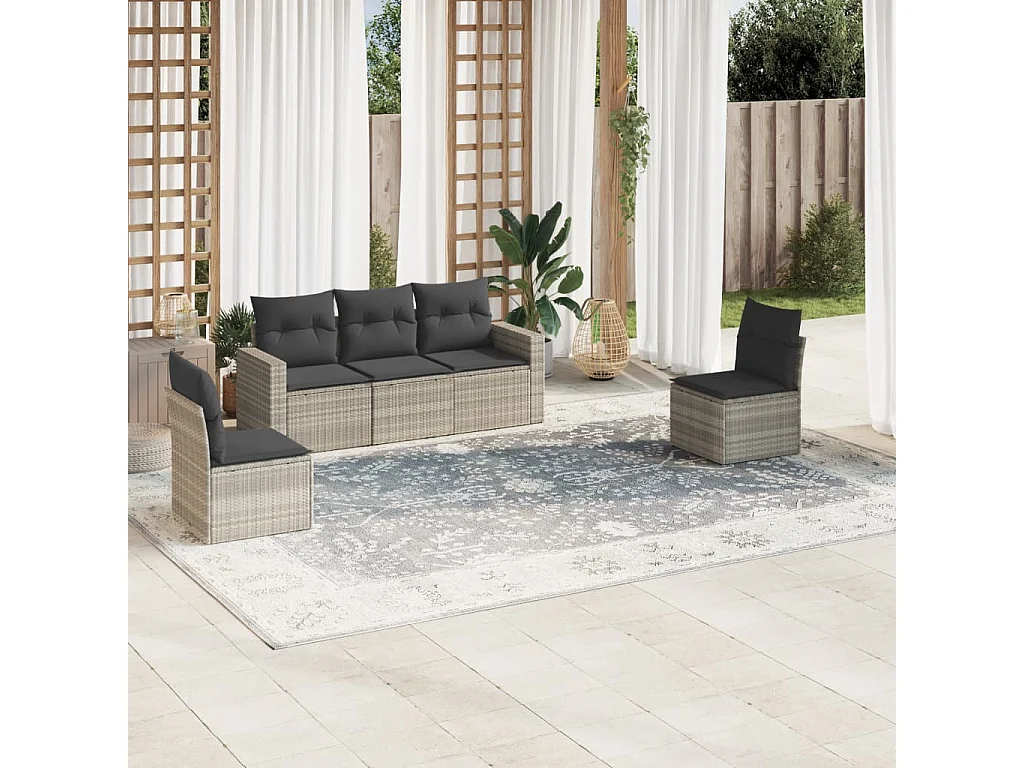 Set Divano da Giardino 5pz con Cuscini Grigio Chiaro Polyrattan