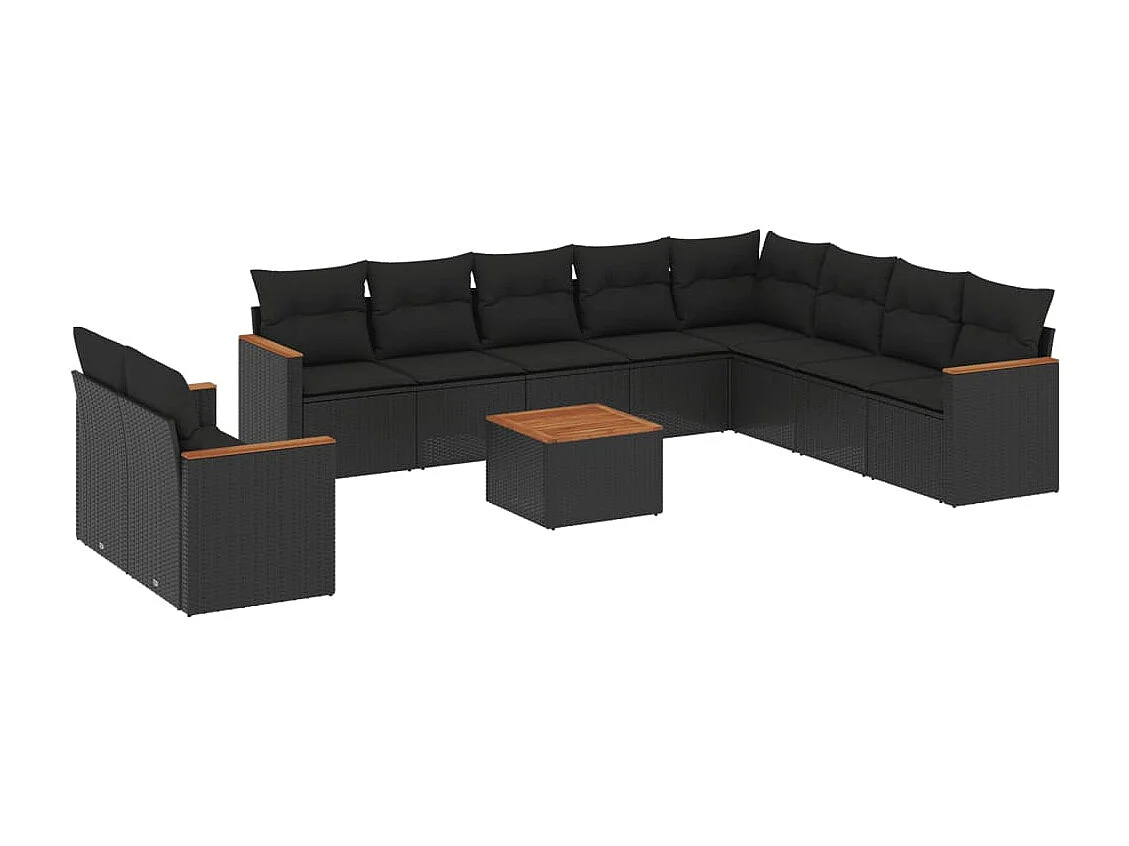 11-tlg. Garten-Sofagarnitur mit Kissen Schwarz Poly Rattan