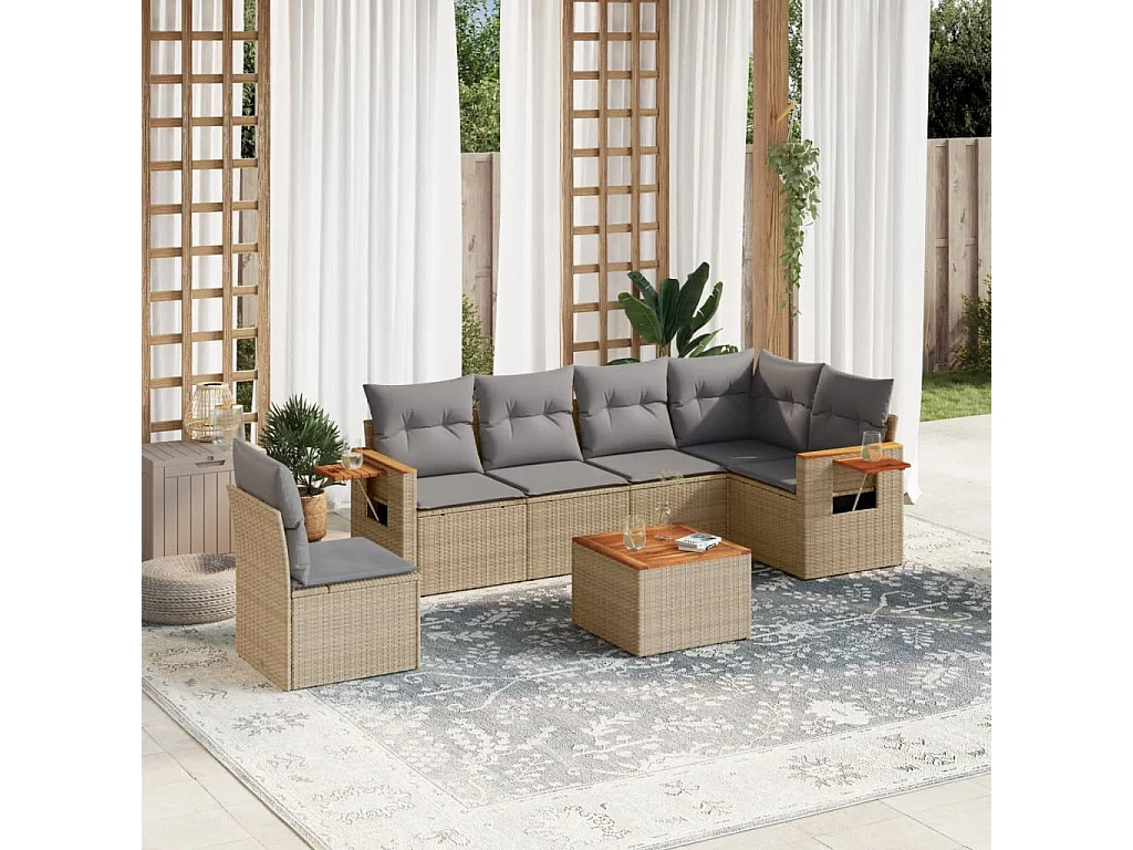 Salon de jardin avec coussins 7 pcs beige résine tressée