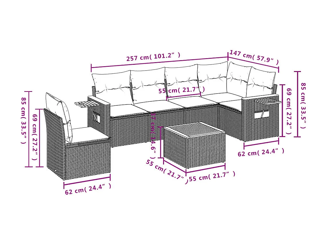 Salon de jardin avec coussins 7 pcs beige résine tressée