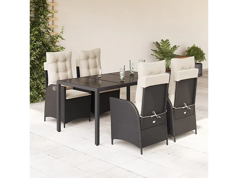 5 pcs conjunto de jantar p/ jardim c/ almofadões vime PE preto