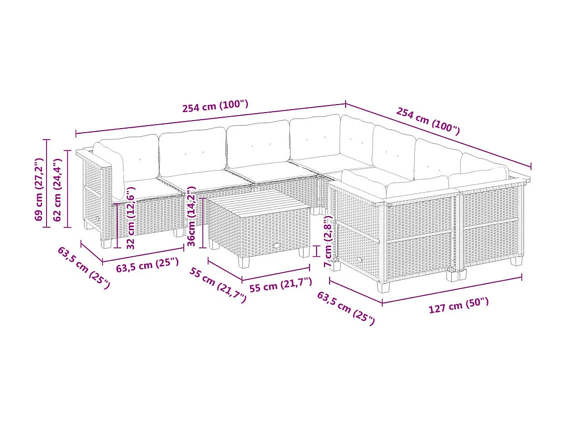 Set Divano da Giardino 9 pz con Cuscini Grigio in Polyrattan
