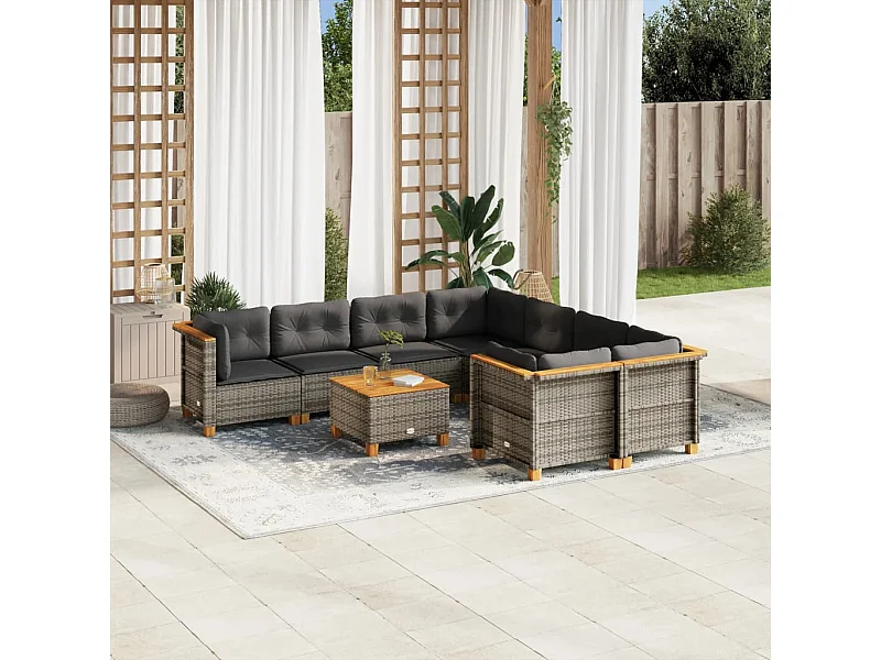 9-delige Loungeset met kussens poly rattan grijs