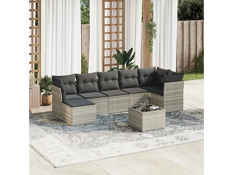 Salon de jardin 8 pcs avec coussins gris clair résine tressée