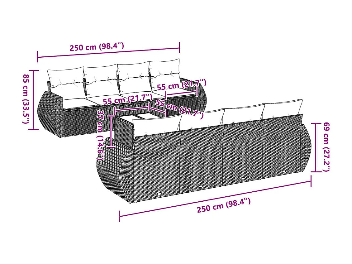 9-delige Loungeset met kussens poly rattan lichtgrijs