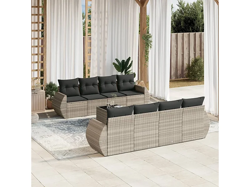 Set Divano da Giardino 9pz con Cuscini Grigio Chiaro Polyrattan