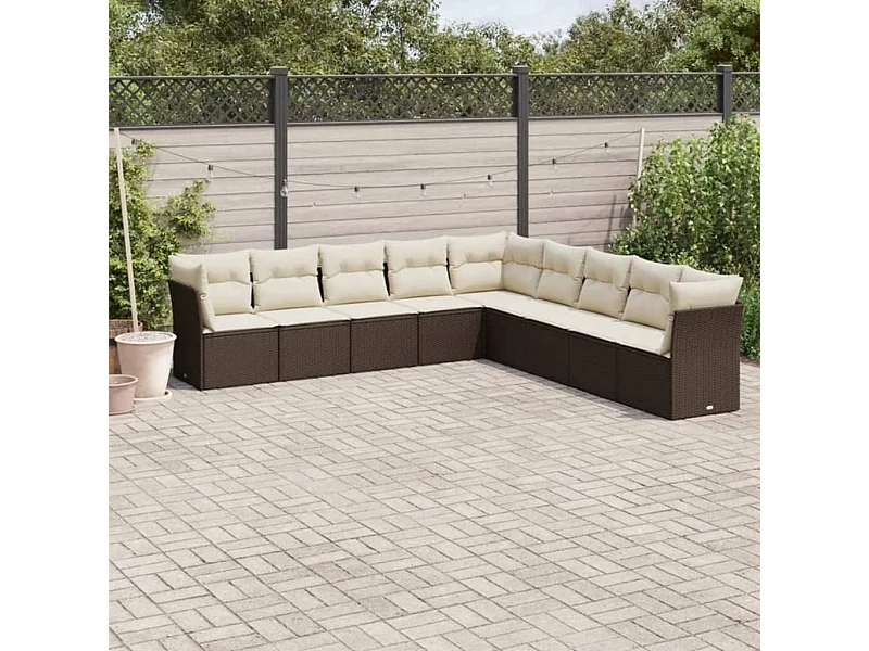 9-delige Loungeset met kussens poly rattan bruin