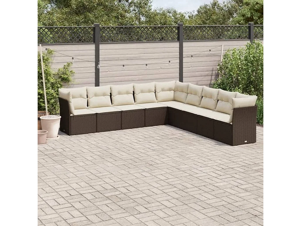 Salon de jardin avec coussins 9 pcs marron résine tressée