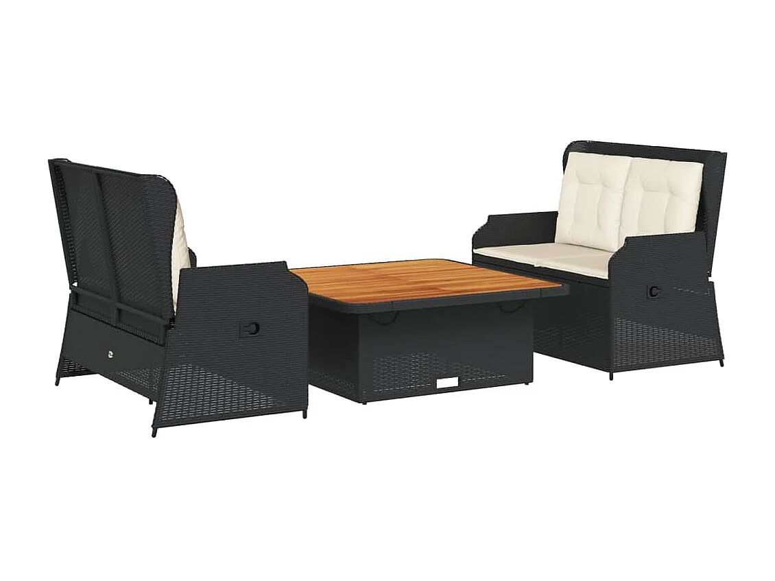 Set Divani da Giardino 3 pz con Cuscini Nero in Polyrattan