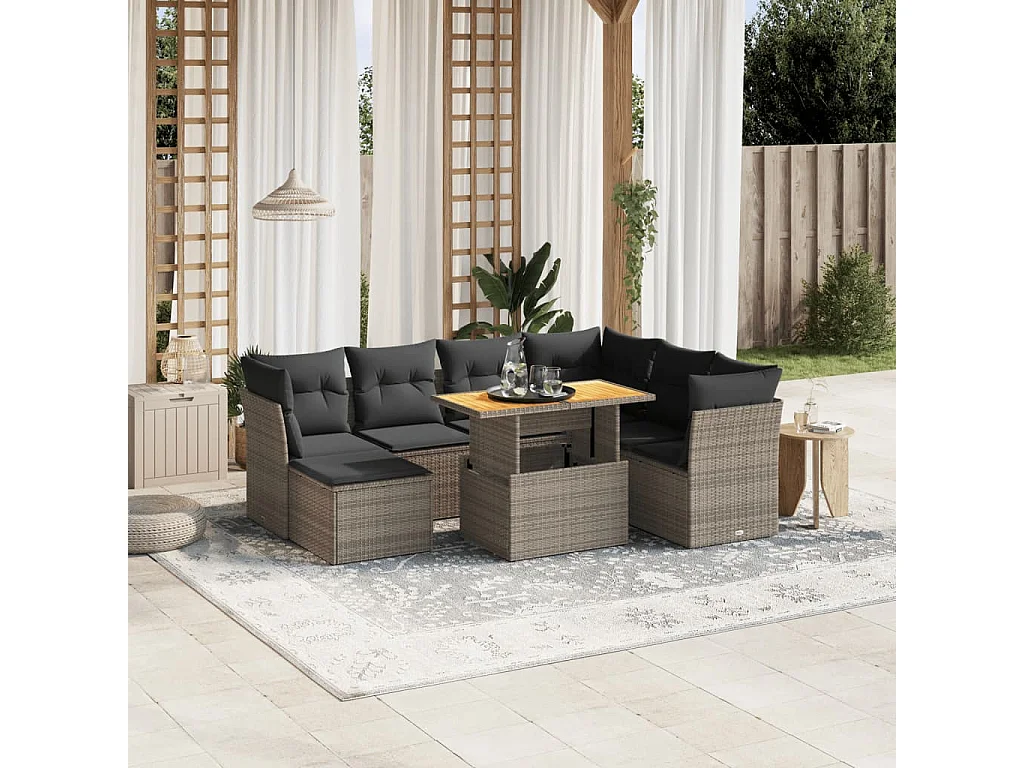 8 pcs conjunto sofás de jardim c/ almofadões vime PE cinzento