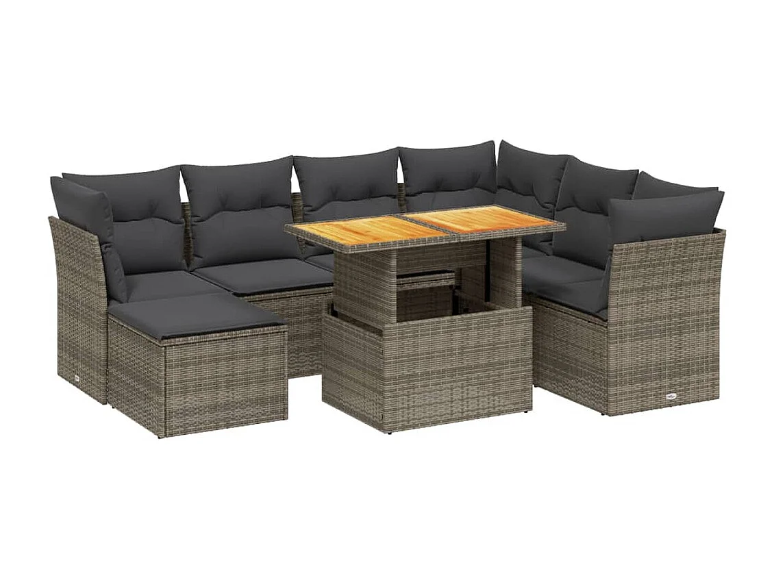 8 pcs conjunto sofás de jardim c/ almofadões vime PE cinzento