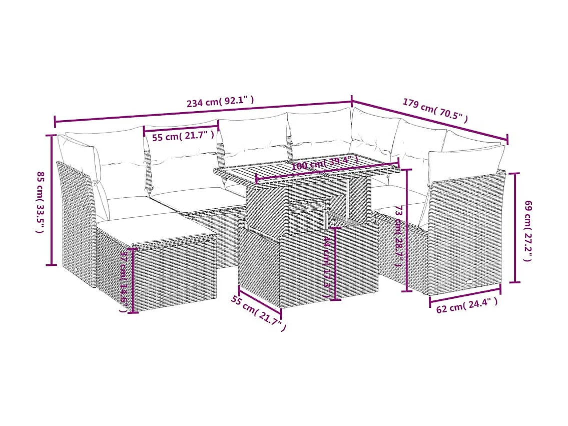 8 pcs conjunto sofás de jardim c/ almofadões vime PE cinzento