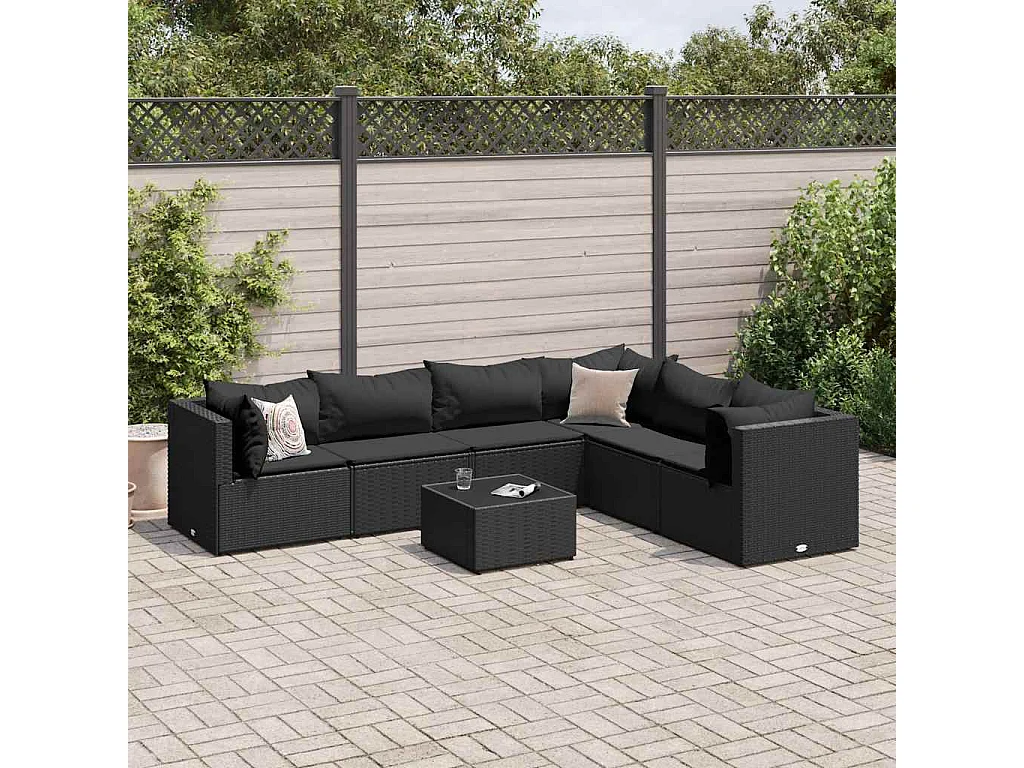 Set Salotto da Giardino con Cuscini 7pz Nero Polyrattan