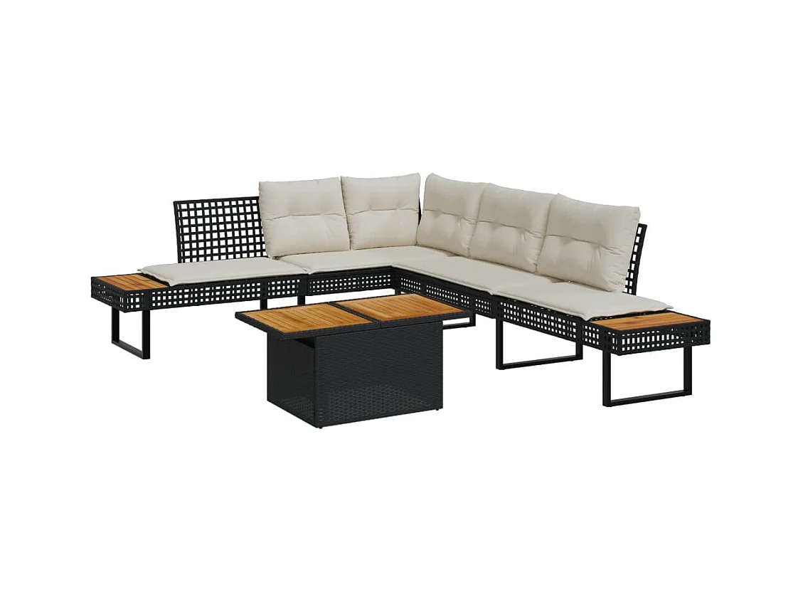Salon de jardin avec coussins 2 pcs noir résine tressée acacia