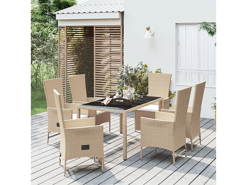Ensemble à manger de jardin et coussins 7 pcs beige poly rotin
