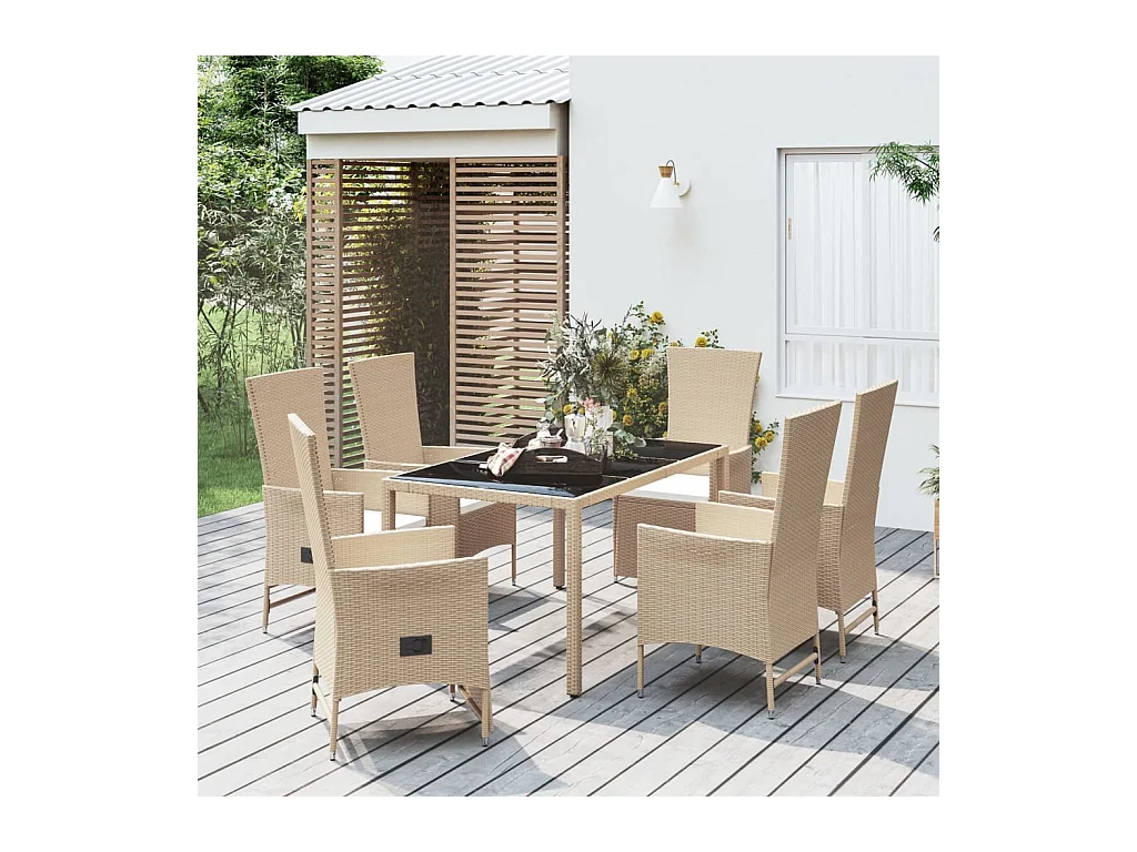 Ensemble à manger de jardin et coussins 7 pcs beige poly rotin