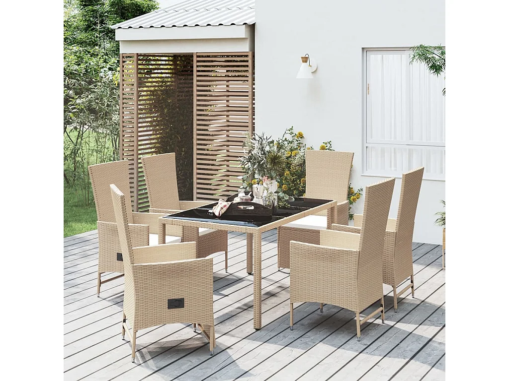 Ensemble à manger de jardin et coussins 7 pcs beige poly rotin