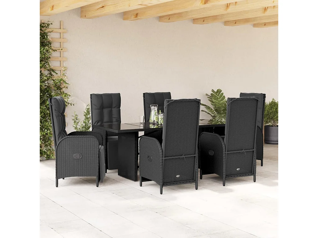 Set da Pranzo da Giardino 7 pz Nero con Cuscini in Polyrattan