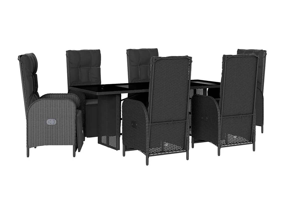 Set da Pranzo da Giardino 7 pz Nero con Cuscini in Polyrattan