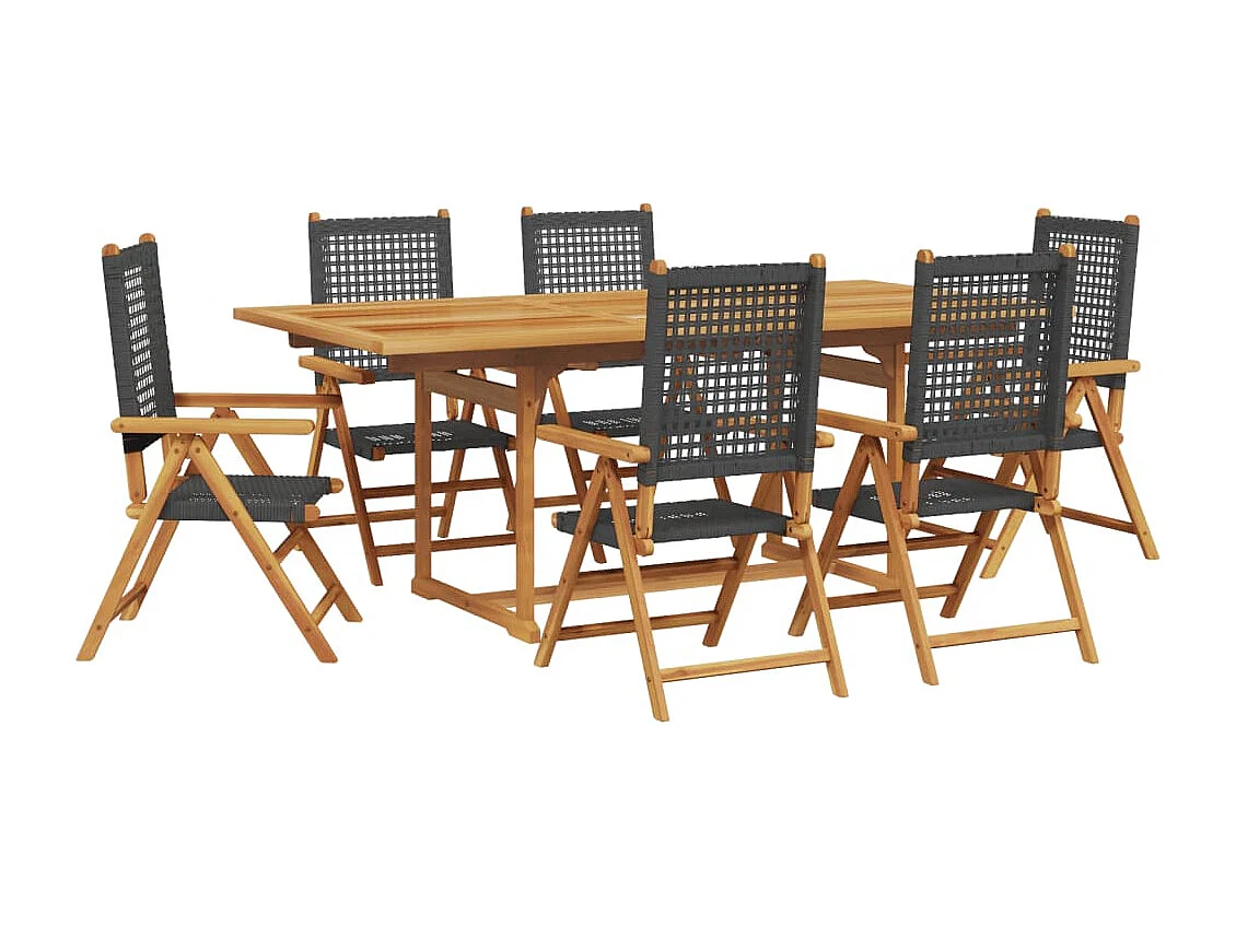 Ensemble à manger de jardin 7 pcs noir rotin et bois massif