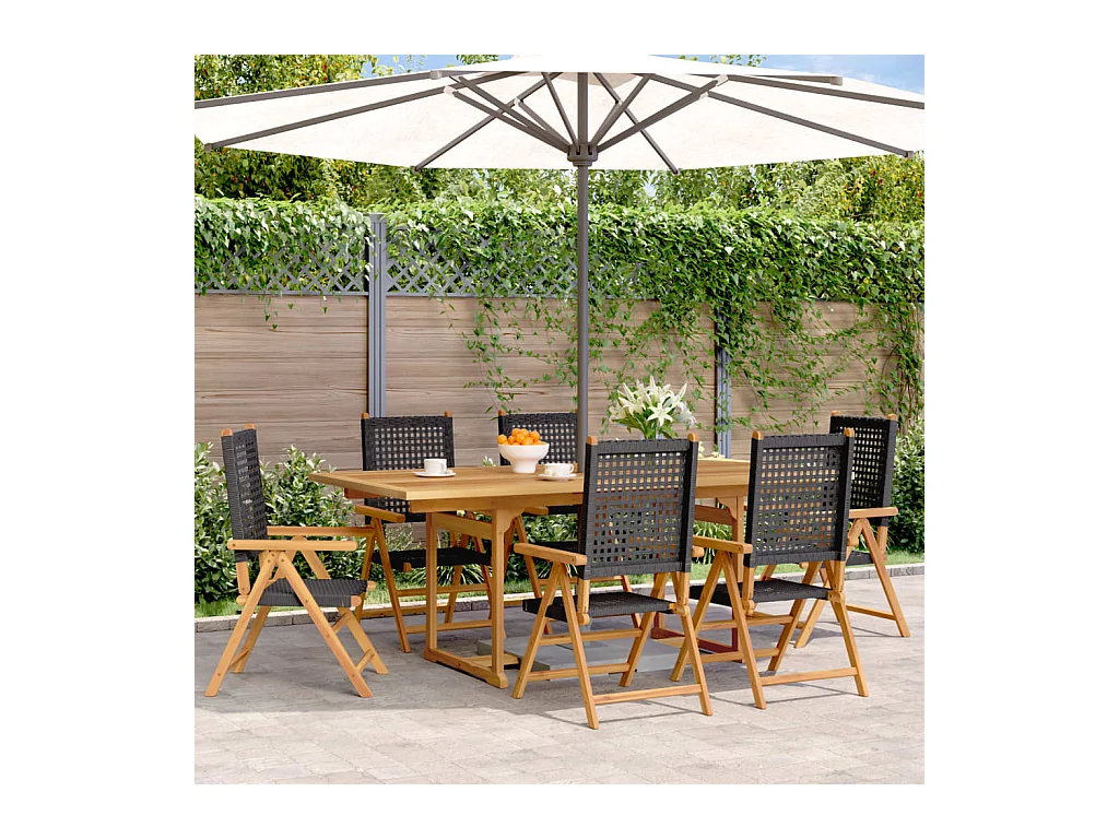 Ensemble à manger de jardin 7 pcs noir rotin et bois massif