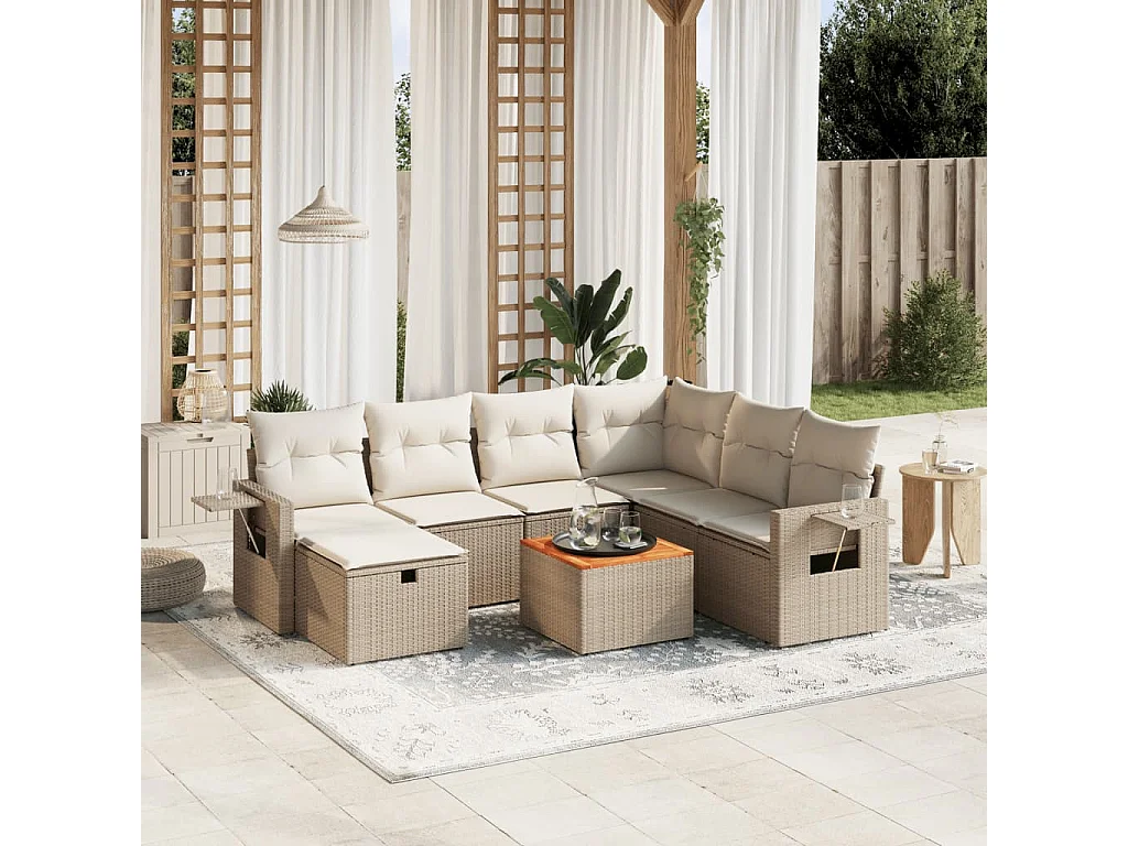 Salon de jardin avec coussins 8 pcs beige résine tressée