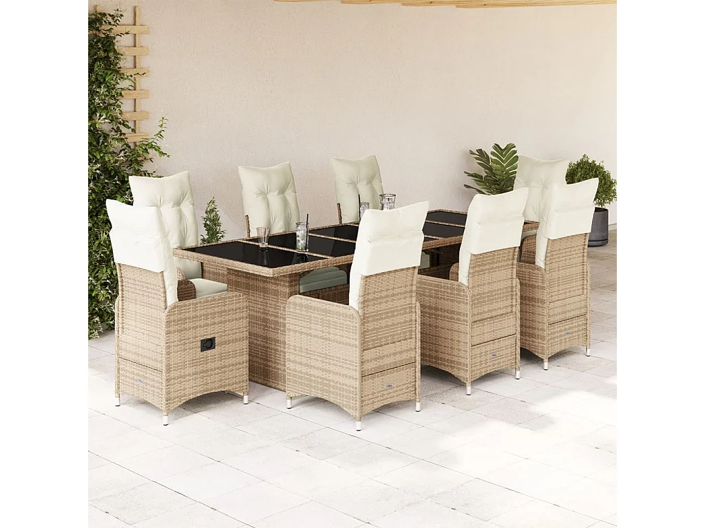 Ensemble de bistro de jardin 9 pcs coussins beige poly rotin