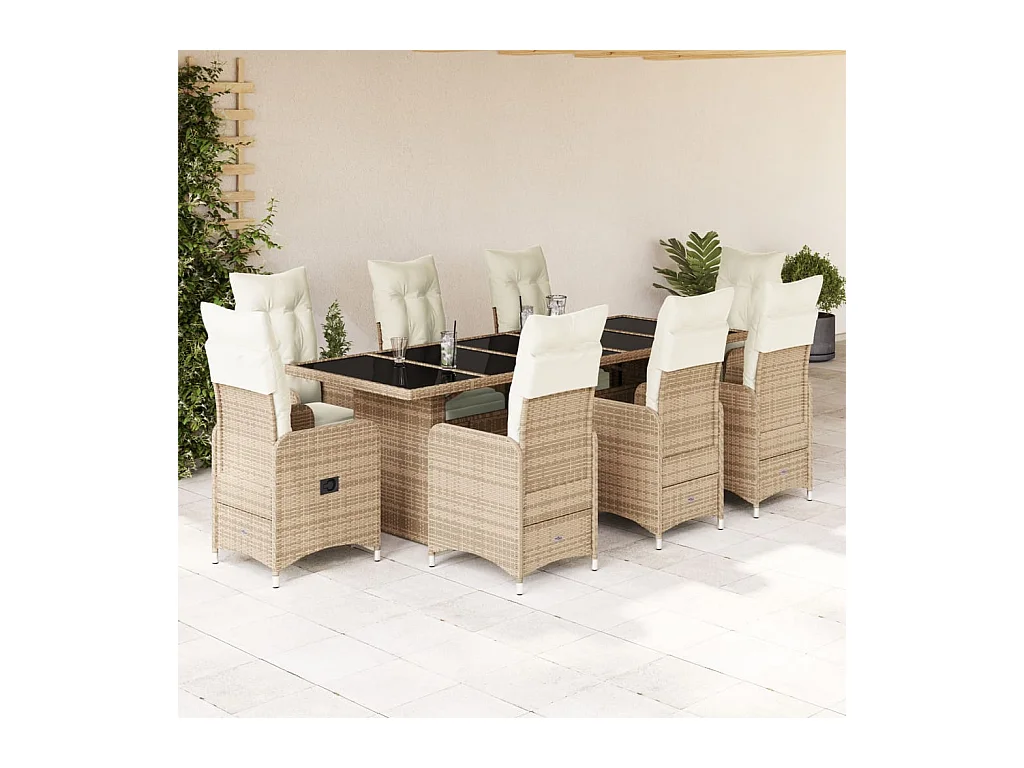 Ensemble de bistro de jardin 9 pcs coussins beige poly rotin