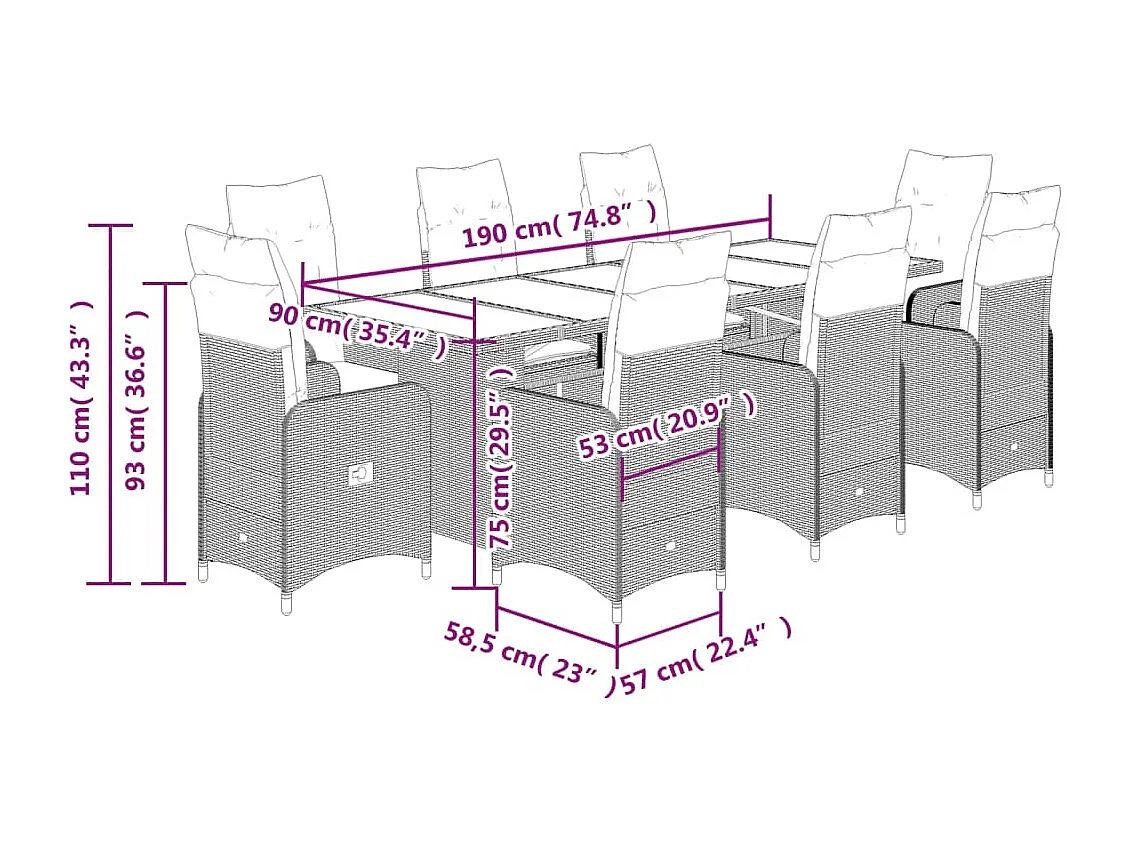 9-delige Bistroset met kussens poly rattan beige