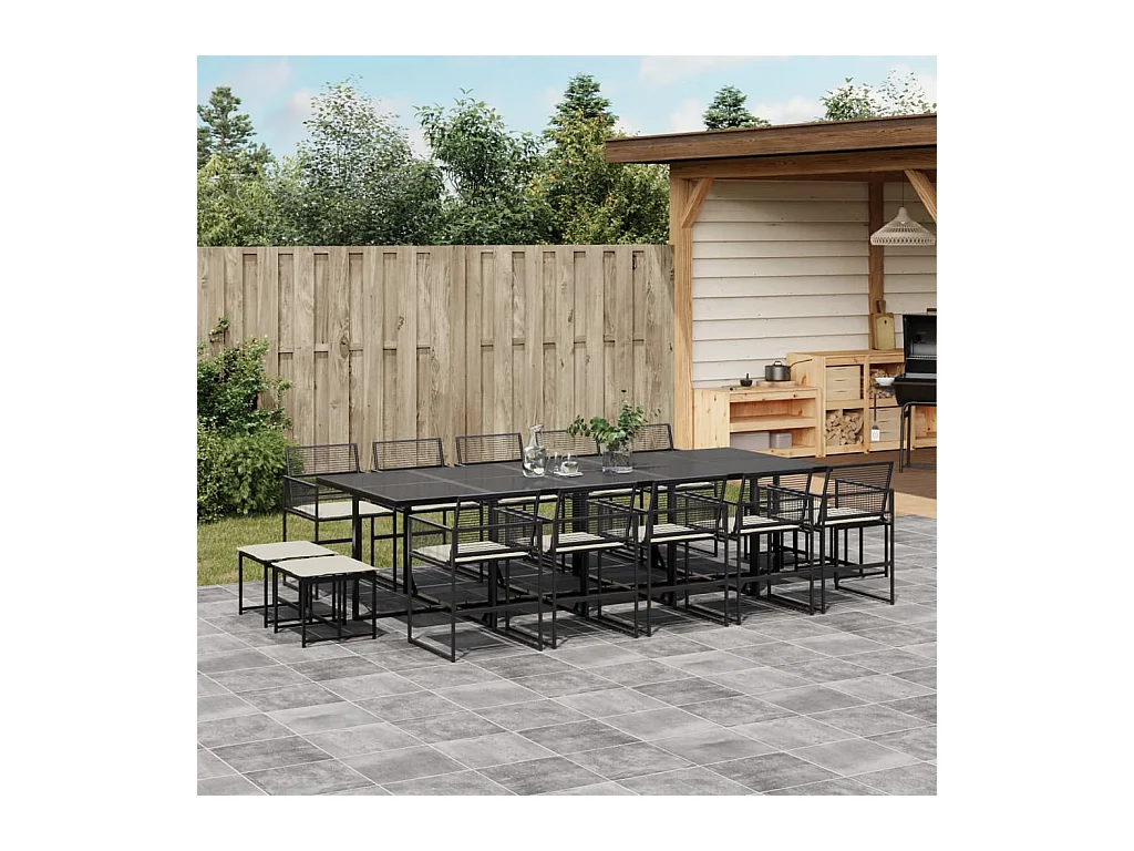 15 pcs conjunto de jantar p/jardim com almofadões vime PE preto