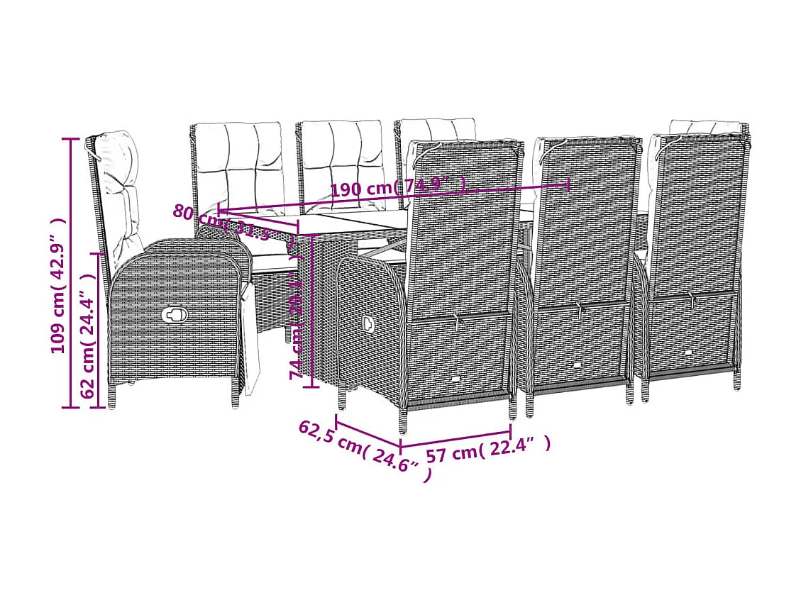 Set da Pranzo da Giardino 9 pz con Cuscini Nero in Polyrattan