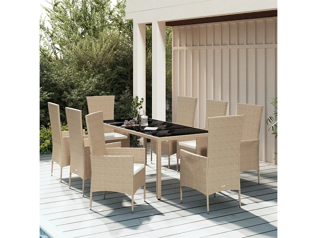 Ensemble à manger de jardin et coussins 9 pcs beige Poly rotin