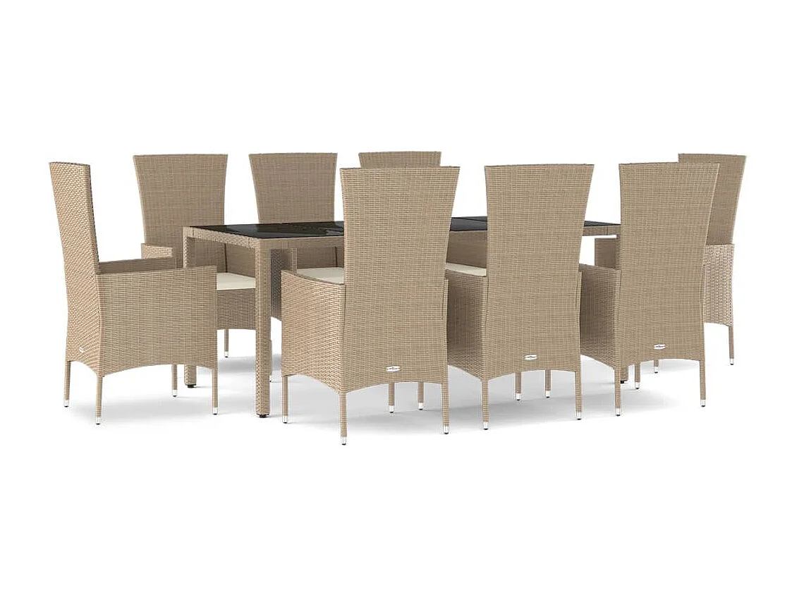 Ensemble à manger de jardin et coussins 9 pcs beige Poly rotin