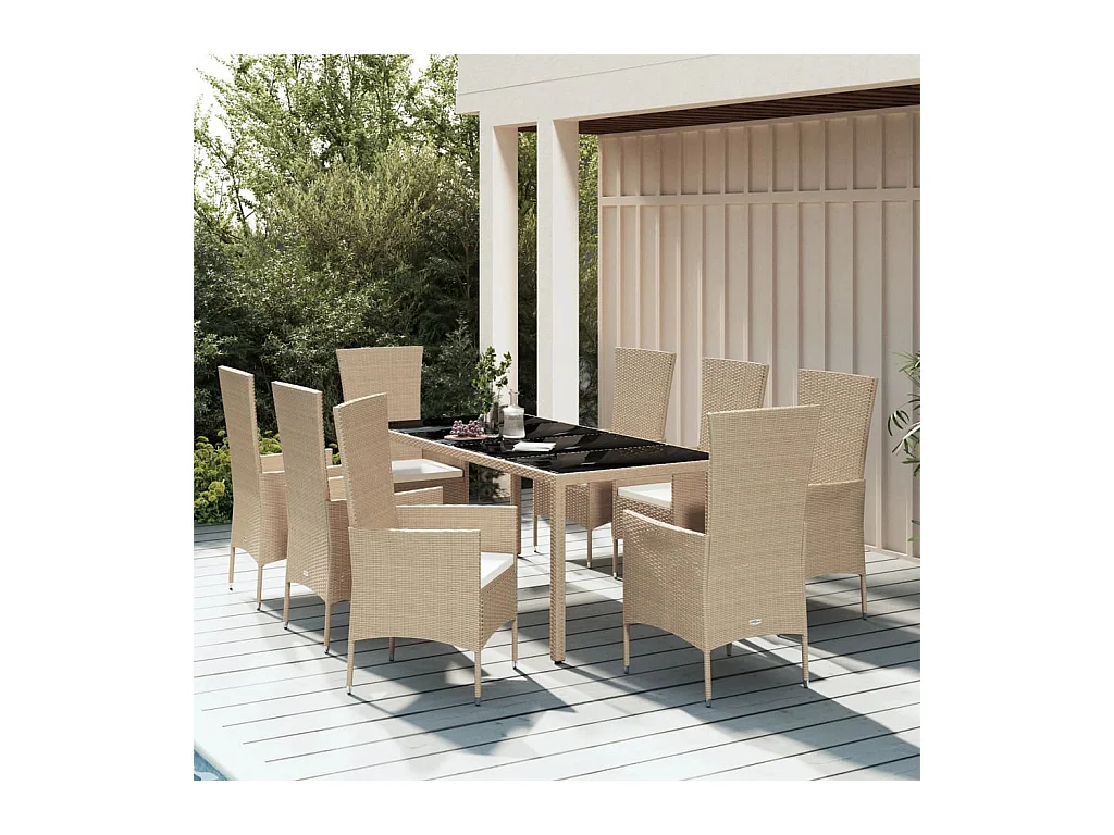 9 pcs conjunto de jantar p/ jardim com almofadões vime PE bege