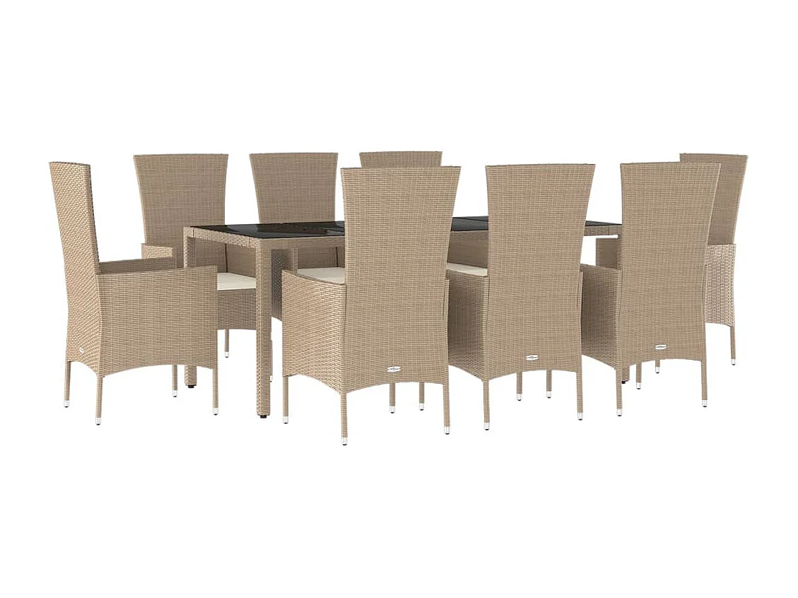 Ensemble à manger de jardin et coussins 9 pcs beige Poly rotin