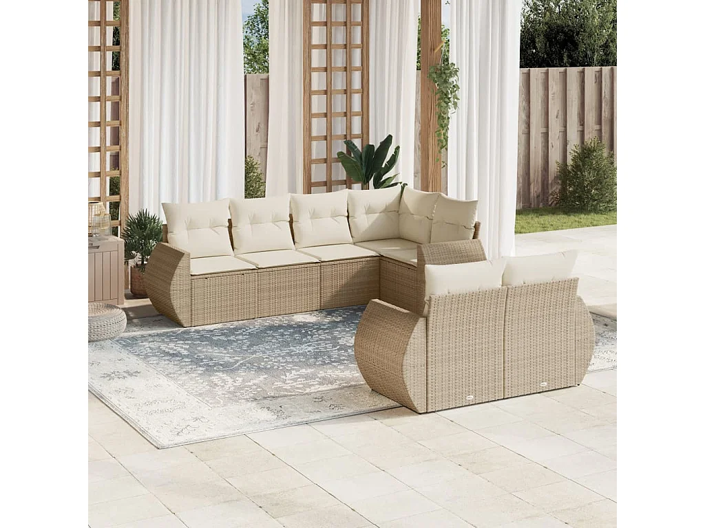 Set Divani da Giardino 7 pz con Cuscini Beige in Polyrattan
