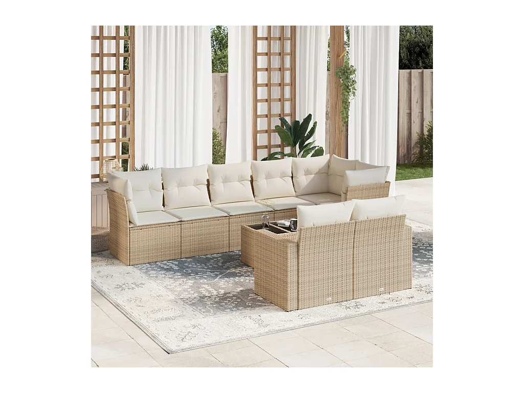 Salon de jardin avec coussins 9 pcs beige résine tressée