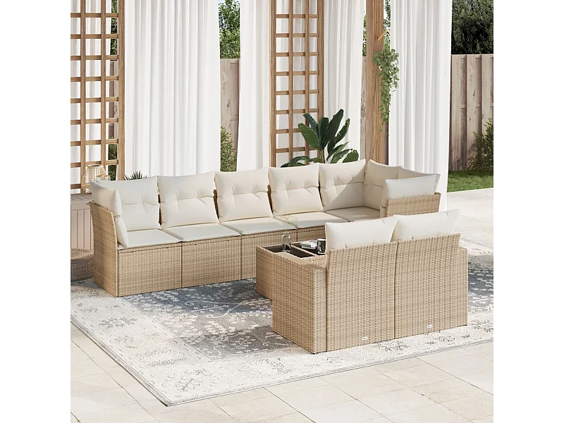 Salon de jardin avec coussins 9 pcs beige résine tressée